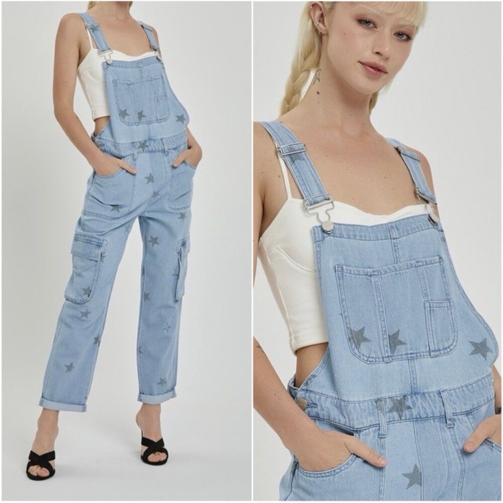 Risen Light Wash Denim Star Print Pockets Cargo Denim Jean Overalls Size L Blue